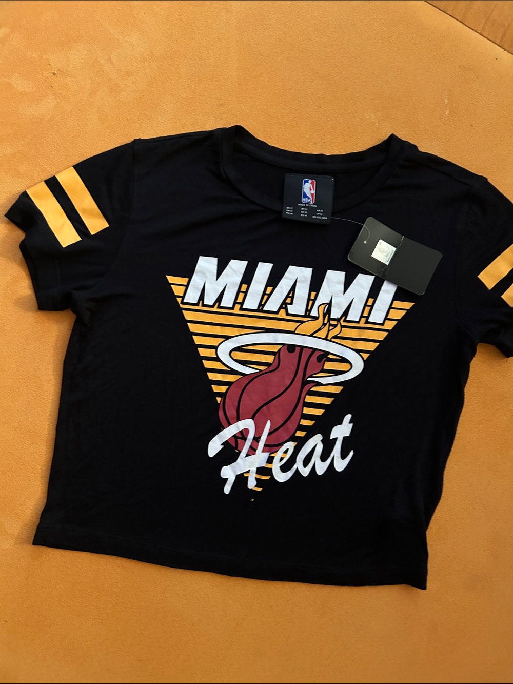 NBA Miami Heat Black Crop Tee with Yellow Sleeve Stripes